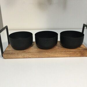Wooden Serving tray with 3 metal bowls attached